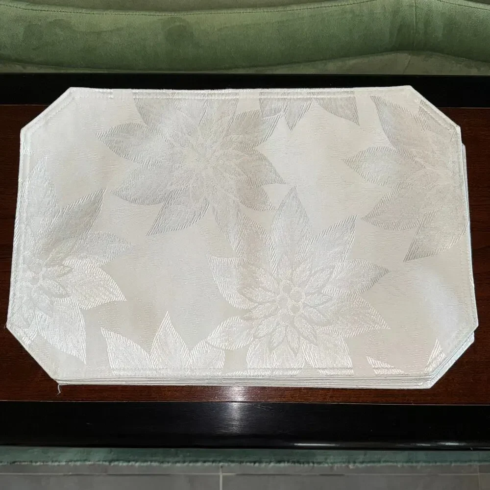 Set‎ of 7 White Woven Poinsettia Pattern Placemats with Cut Corners